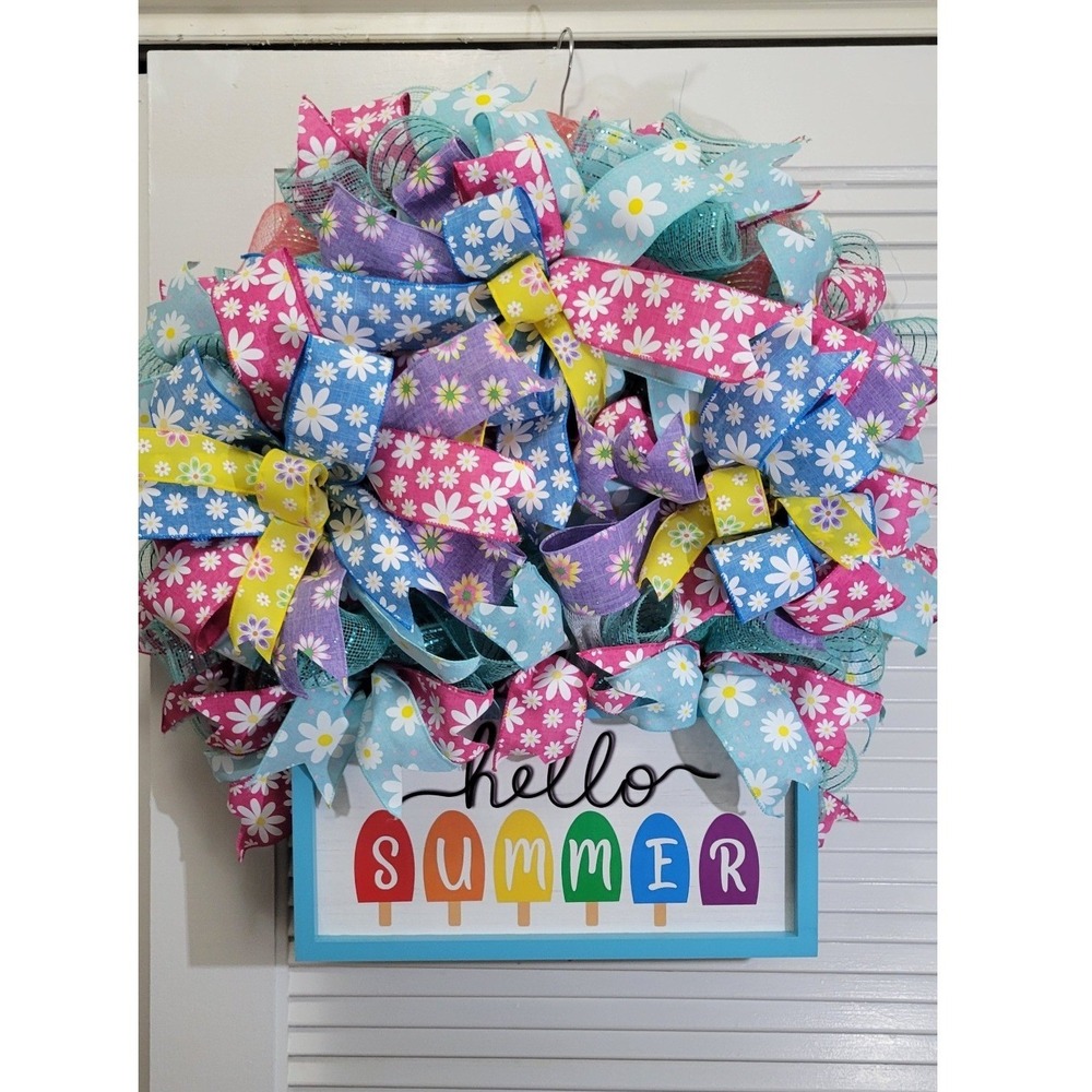 Hello Summer Popsicle Daisy Wreath Deco Mesh Ribbon Front Door Decor 24 Inch